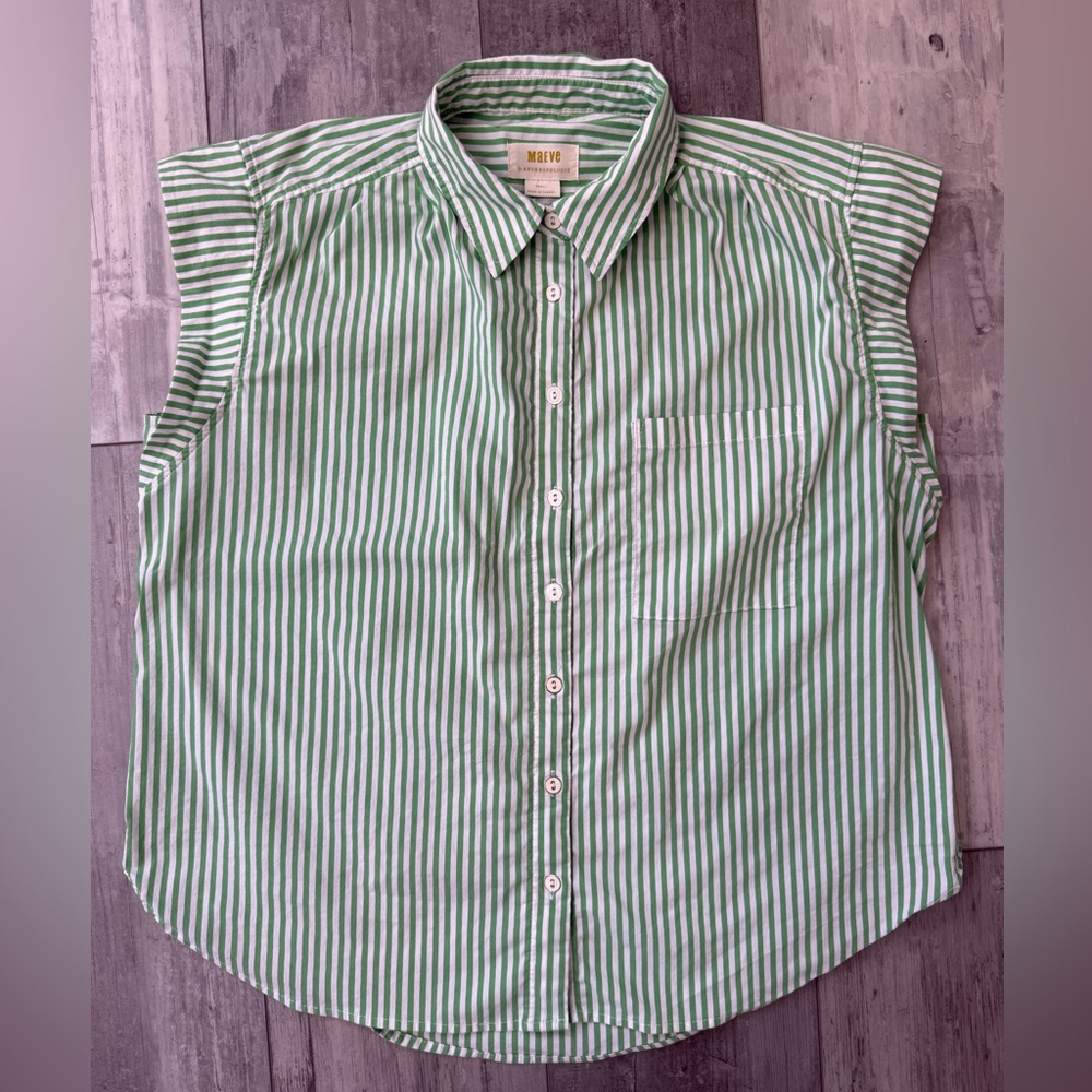 Maeve Green & White Striped Sleeveless Button Down Blouse Small Anthropologie